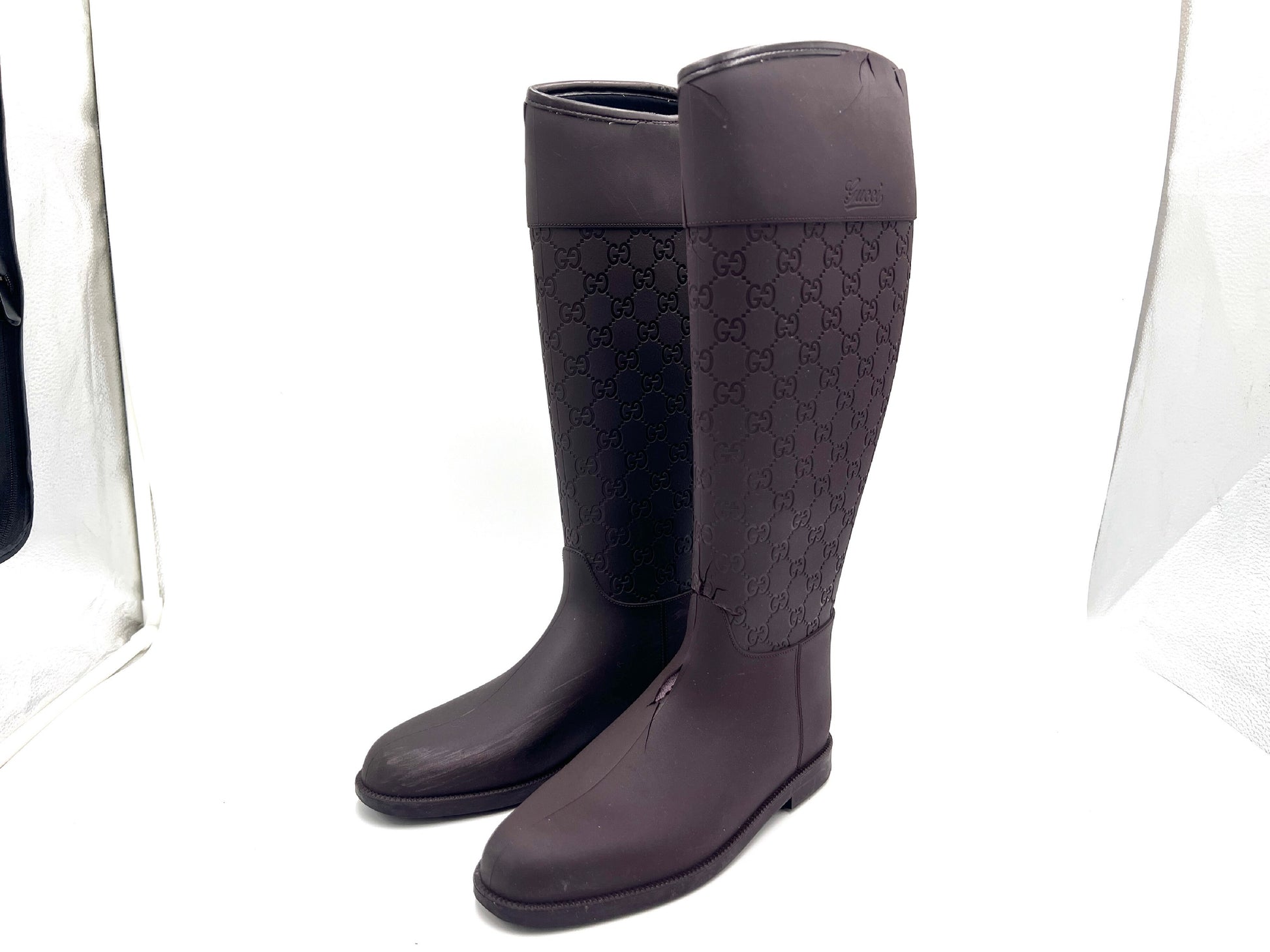 GUCCI Rubber GG Pattern Rain Boots, Dark Brown, Size 37