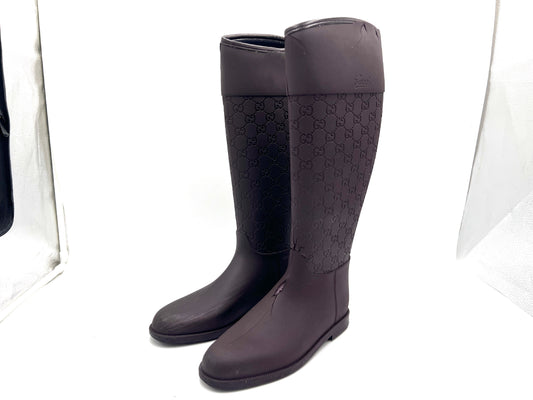 GUCCI Rubber GG Pattern Rain Boots, Dark Brown, Size 37