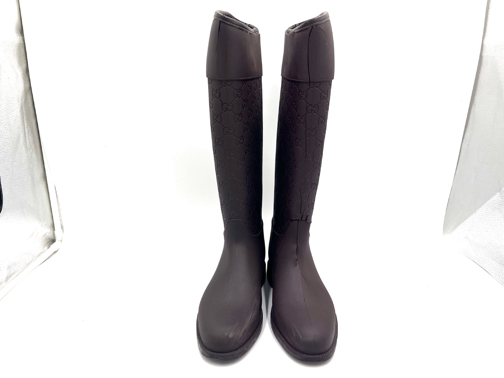 GUCCI Rubber GG Pattern Rain Boots, Dark Brown, Size 37