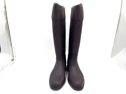 GUCCI Rubber GG Pattern Rain Boots, Dark Brown, Size 37