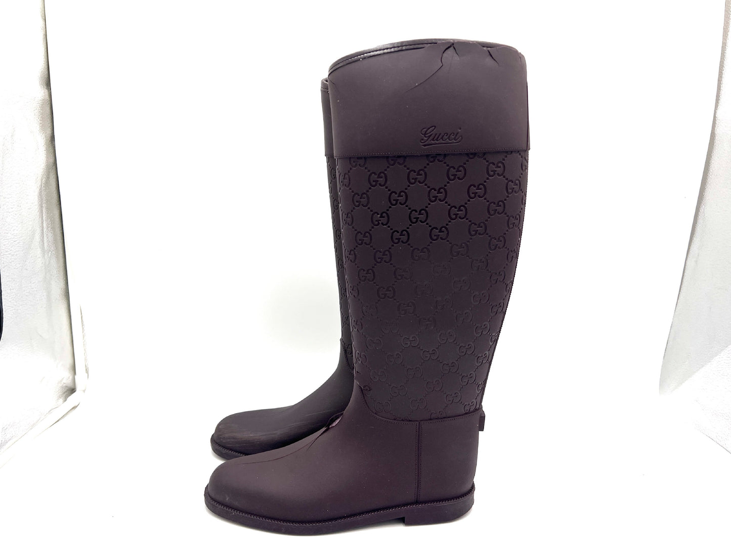 GUCCI Rubber GG Pattern Rain Boots, Dark Brown, Size 37