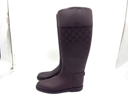 GUCCI Rubber GG Pattern Rain Boots, Dark Brown, Size 37