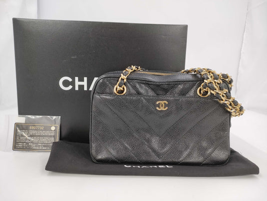 CHANEL Chevron Caviar Leather Chain Shoulder Bag in Black with Gold Hardware, 6877469, No. 6