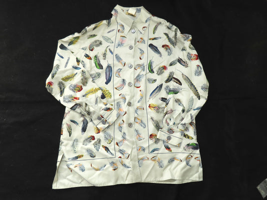 HERMES Shirt, 100% Silk, Gray/Blue Multicolor, #40, Tops