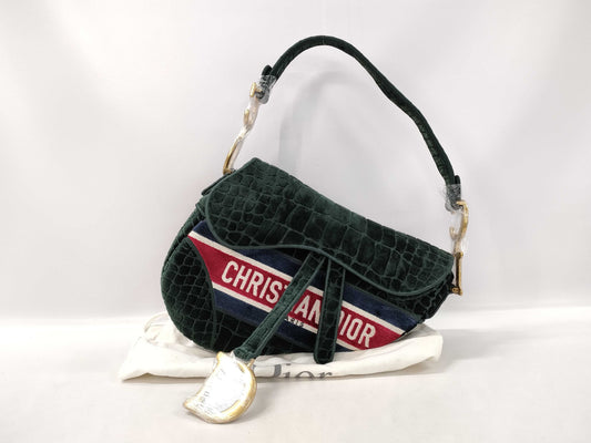 Dior Saddle Bag Medium Shoulder Bag Green with Gold Hardware Velvet Shoulder Bag