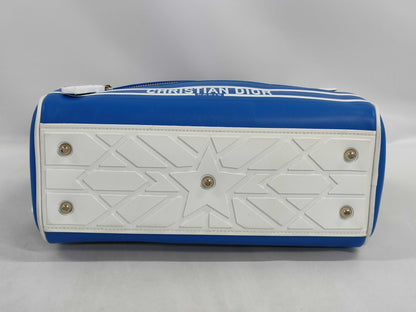 Dior VIBE Small Bowling Bag in Blue and White with Gold Hardware and Calfskin Leather.