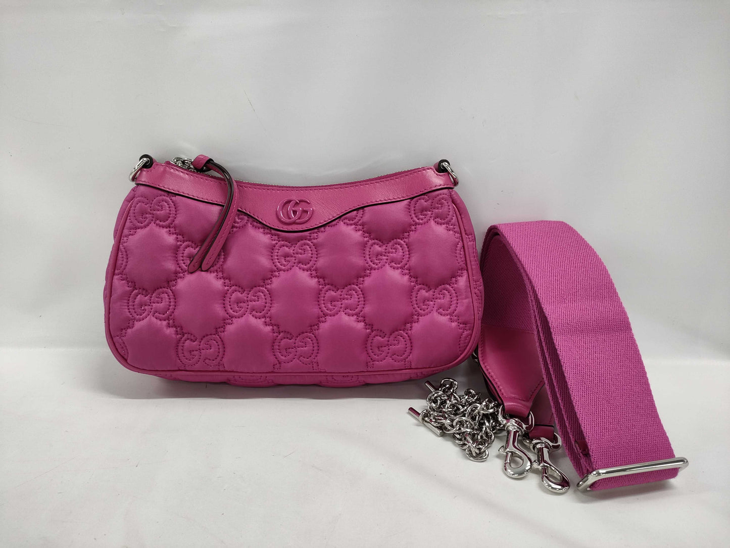 GUCCI GG Matelasse 2-way Shoulder Bag in Pink with Silver Hardware, Quilted Nylon and Leather Shoulder Strap, Dust Bag