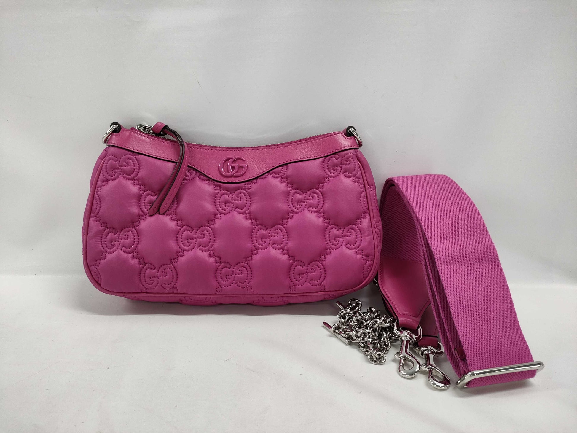 GUCCI GG Matelasse 2-way Shoulder Bag in Pink with Silver Hardware, Quilted Nylon and Leather Shoulder Strap, Dust Bag