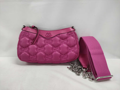 GUCCI GG Matelasse 2-way Shoulder Bag in Pink with Silver Hardware, Quilted Nylon and Leather Shoulder Strap, Dust Bag