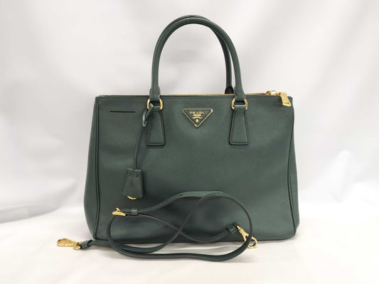 PRADA Saffiano Medium 2-Way Shoulder Tote Bag in Green with Gold Hardware and Crocheted Shoulder Strap