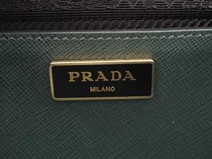 PRADA Saffiano Medium 2-Way Shoulder Tote Bag in Green with Gold Hardware and Crocheted Shoulder Strap