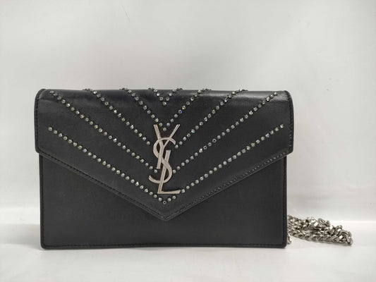 SAINT LAURENT Cassandra Envelope Stud Chain Wallet in Black Calfskin with Silver Hardware. Shoulder Bag.