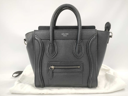 CELINE Luggage Nano Shopper Black with Silver Hardware and Leather Shoulder Bag W0U00093 Handbag