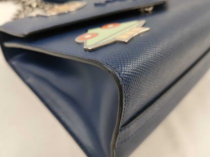 PRADA Saffiano Leather Shoulder Bag, Blue, Silver Hardware, 1BD127, Mirrored Pouch, Shoulder Bag
