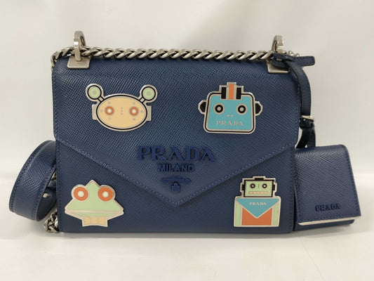 PRADA Saffiano Leather Shoulder Bag, Blue, Silver Hardware, 1BD127, Mirrored Pouch, Shoulder Bag