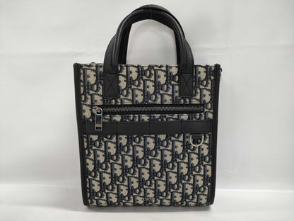 Dior North South Tote Bag, Oblique, Navy, Canvas and Leather, Shoulder Strap Missing, Handbag