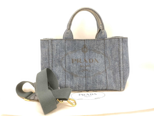 PRADA Prada Canapa Denim Handbag Shoulder Bag with Gold Triangle Logo