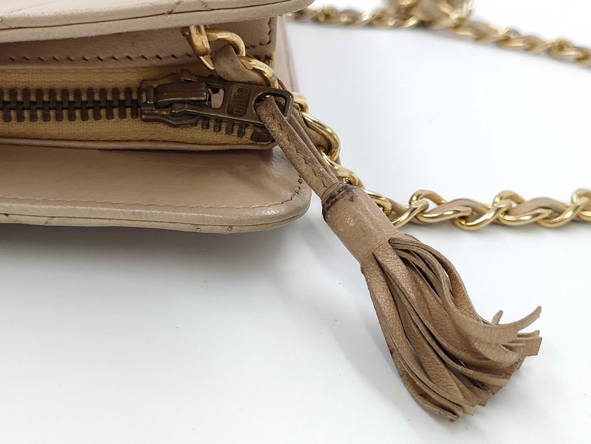 CHANEL Matelasse Tassel Chain Beige Shoulder Bag