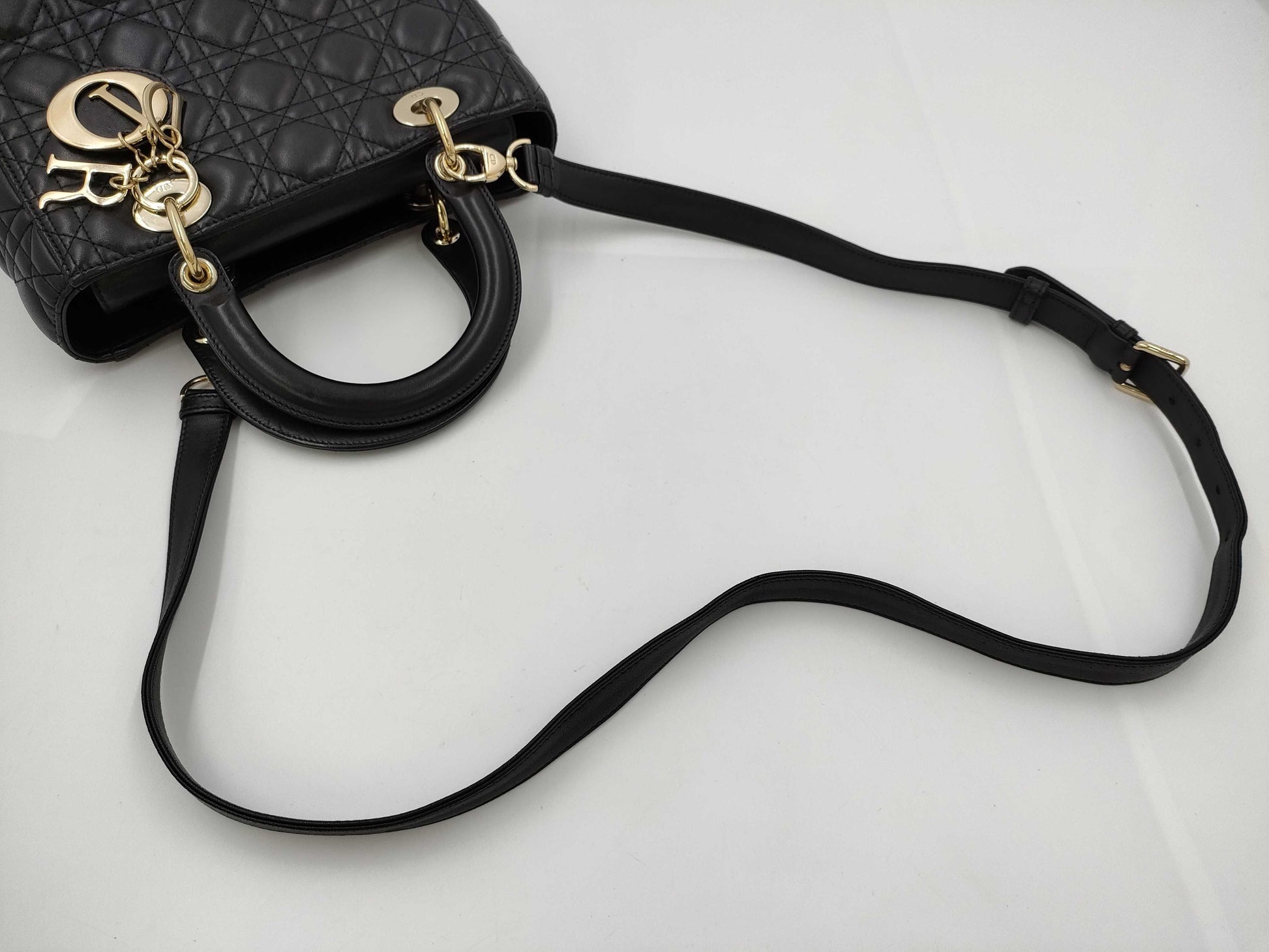 Dior Christian Dior Lady Dior Cannage Gold Hardware 2-Way Handbag/Shoulder Bag Black