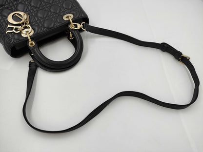 Dior Christian Dior Lady Dior Cannage Gold Hardware 2-Way Handbag/Shoulder Bag Black