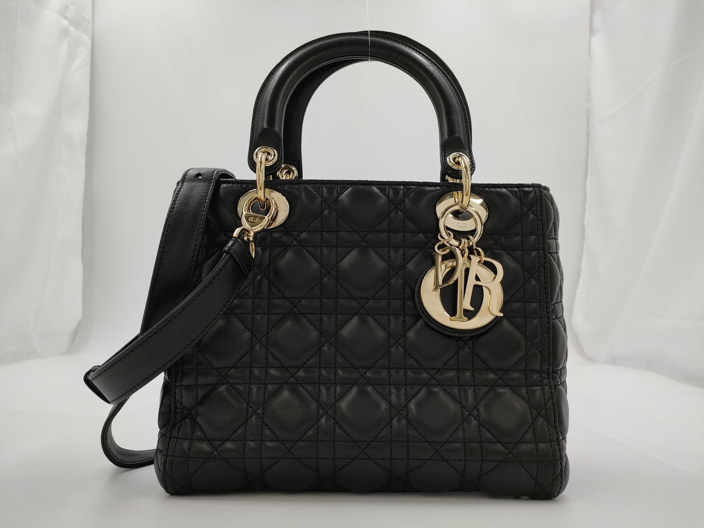 Dior Christian Dior Lady Dior Cannage Gold Hardware 2-Way Handbag/Shoulder Bag Black