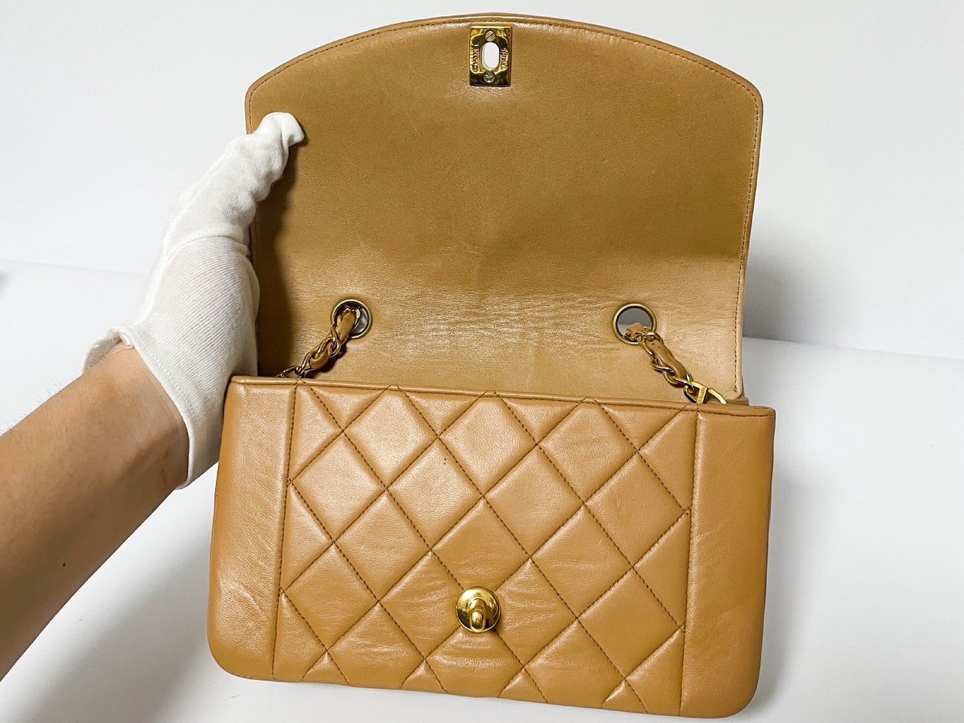 CHANEL Diana Pink Beige Lambskin Matelasse Shoulder Bag with Seal