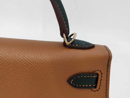 HERMES Mini Kelly Gold/Vert Chypre Epson U-stamped Handbag