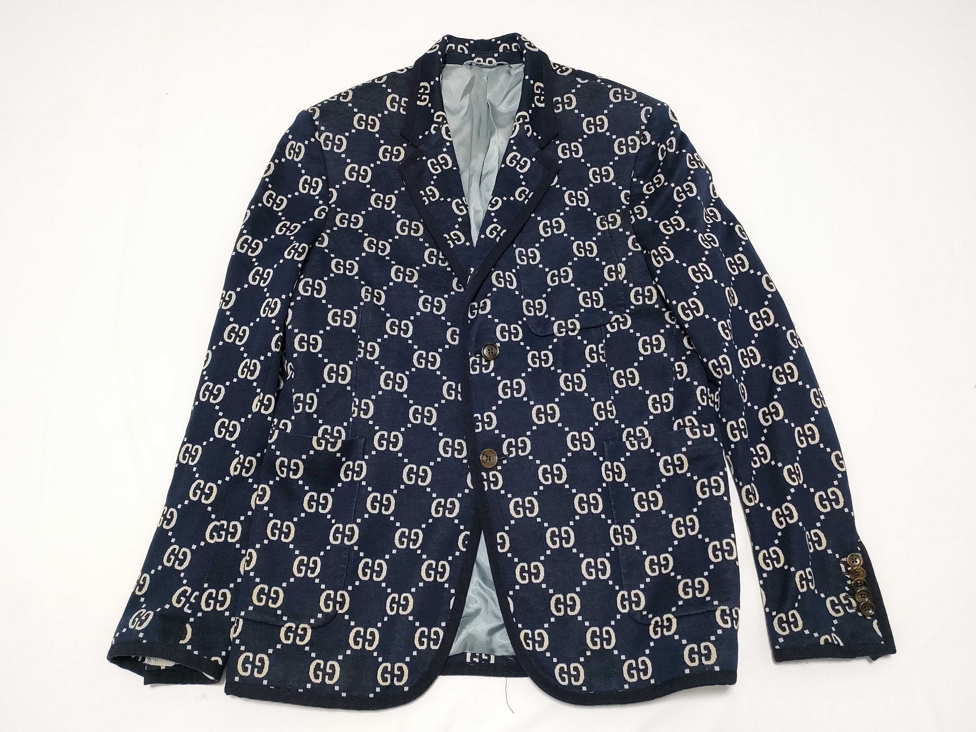 GUCCI Men's Navy GG Logo Tailored Jacket, Size XL, Excellent Condition, Unused