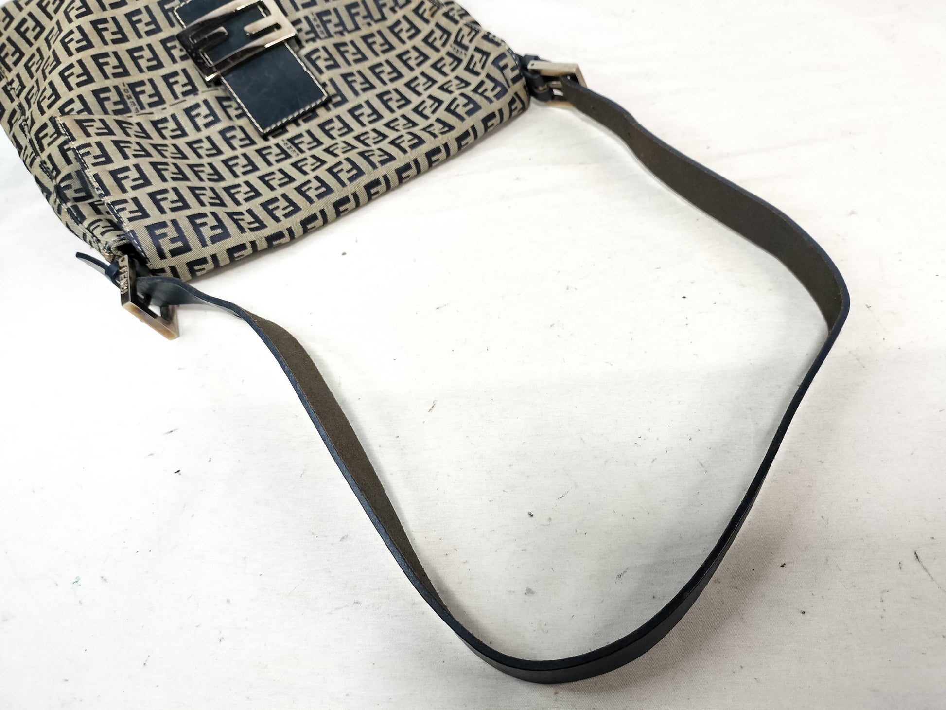 FENDI Zucchino Canvas and Leather One-Shoulder Bag Beige and Navy