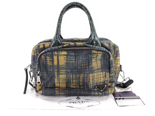 PRADA Canvas x Leather Check Pattern 2-Way Handbag with Strap