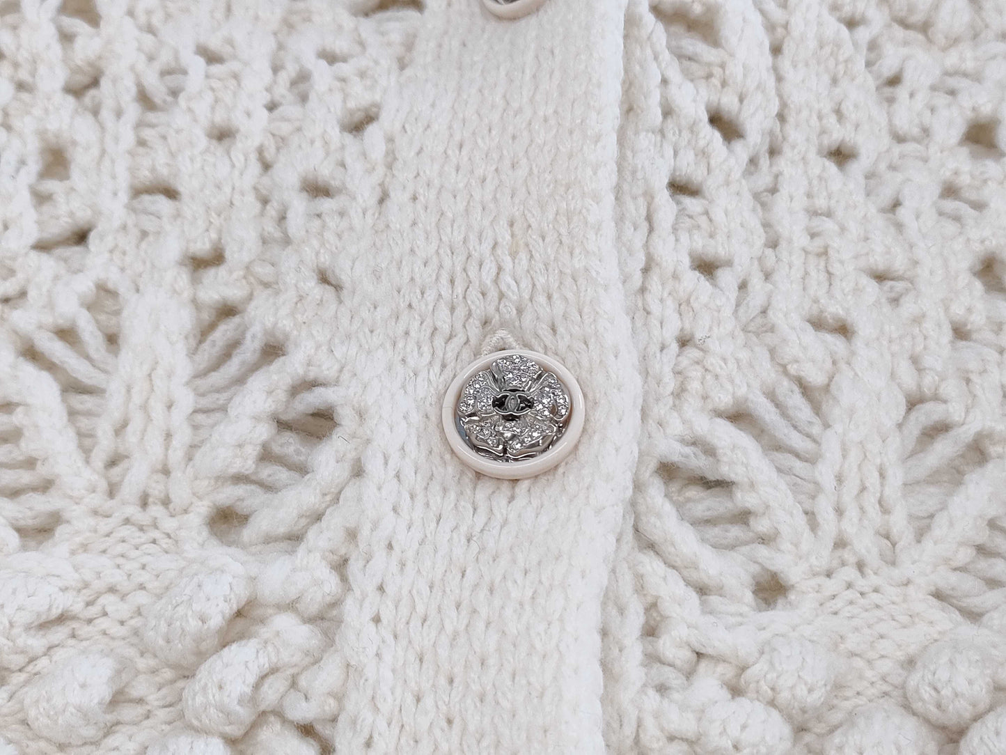 CHANEL Cardigan with Stone Camellia Coco Buttons, Size 22C, P72095, 100% Cashmere, Size 34