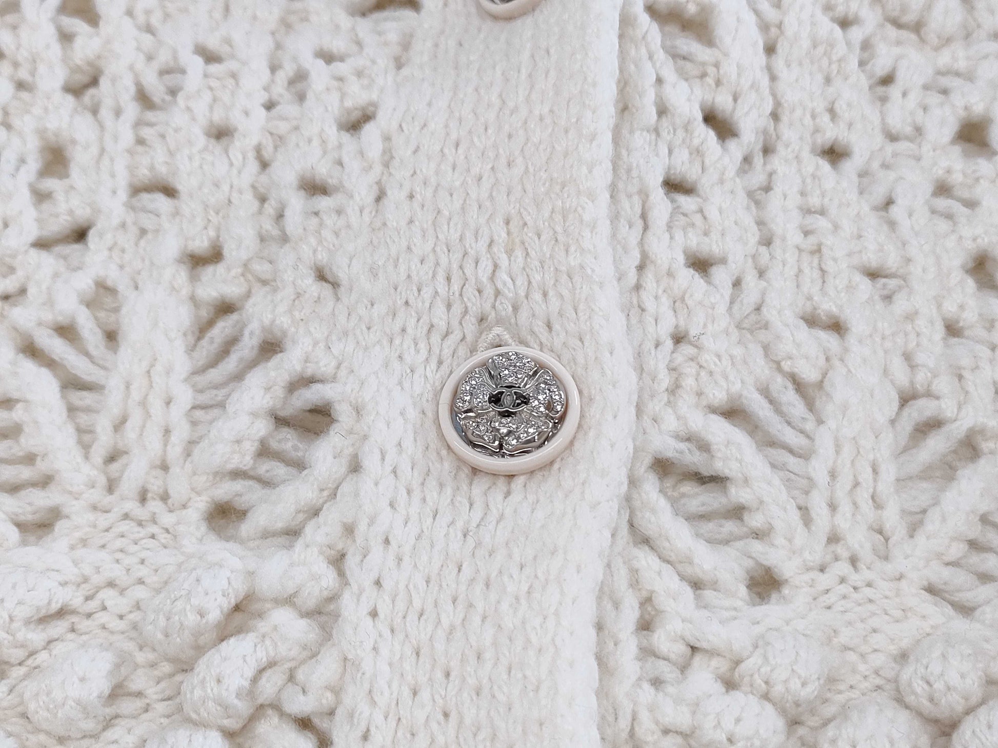 CHANEL Cardigan with Stone Camellia Coco Buttons, Size 22C, P72095, 100% Cashmere, Size 34