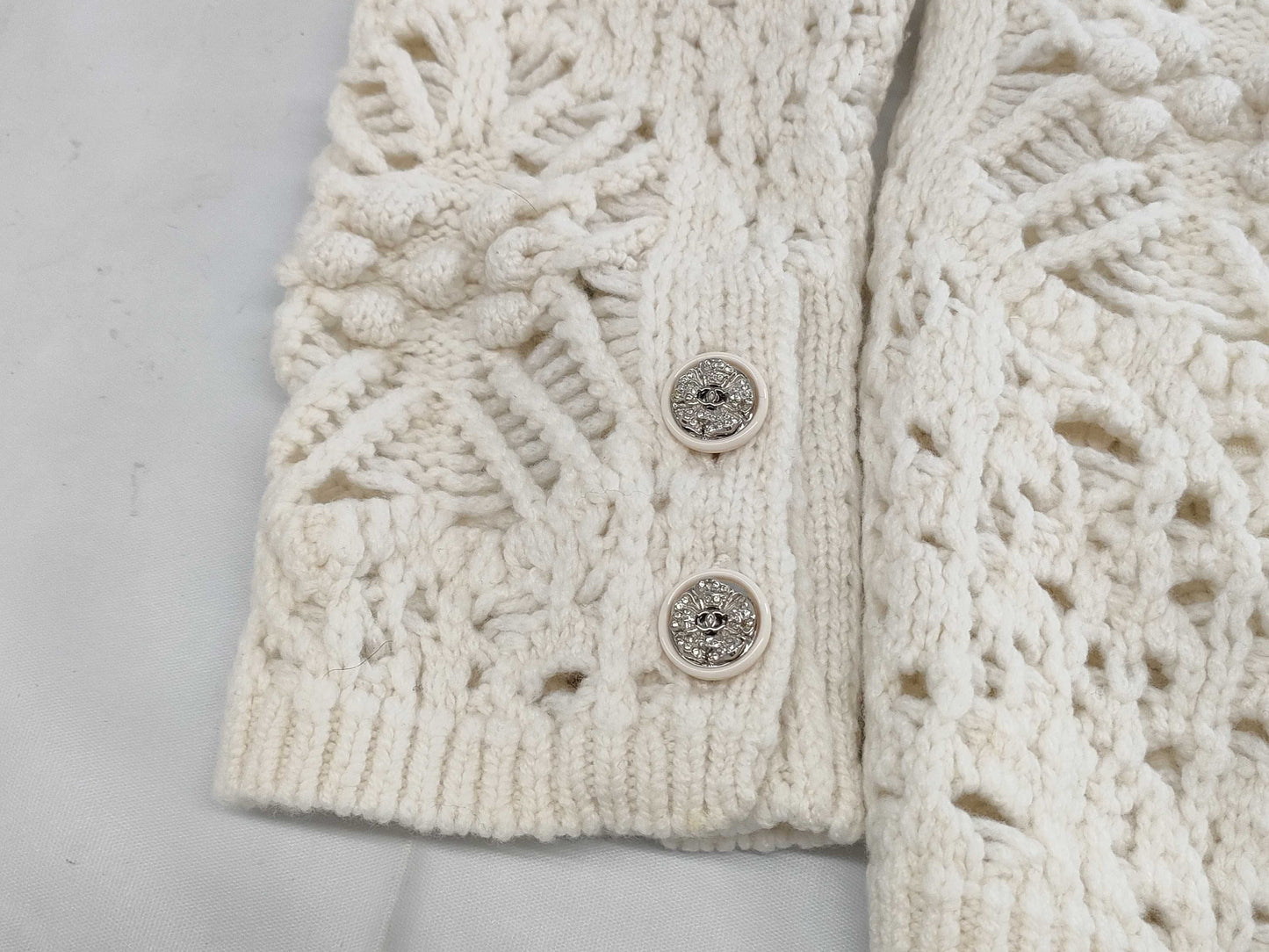 CHANEL Cardigan with Stone Camellia Coco Buttons, Size 22C, P72095, 100% Cashmere, Size 34