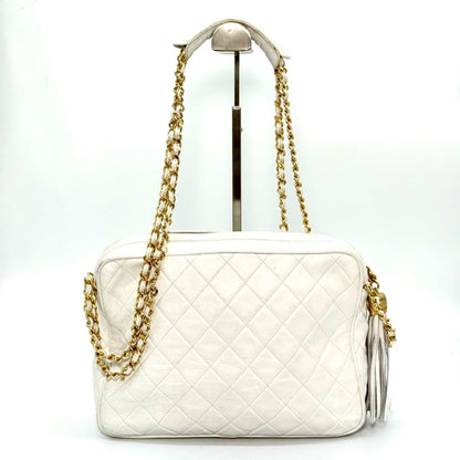 CHANEL Matelasse Lambskin Coco Mark Fringed Chain Shoulder Bag White No Serial Number Seal Shoulder Bag