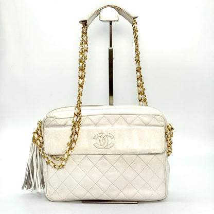 CHANEL Matelasse Lambskin Coco Mark Fringed Chain Shoulder Bag White No Serial Number Seal Shoulder Bag