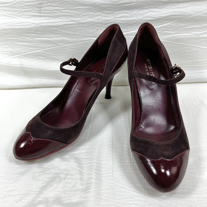 Sergio Rossi Mary Jane Pumps, Size 37 1/2, Suede and Patent Leather, Burgundy