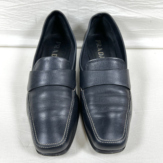 PRADA PRADA Square Toe Loafers, Size 36 1/2, Navy
