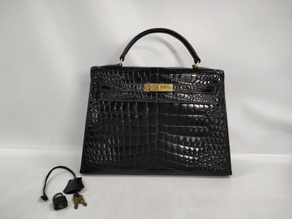 HERMES Kelly 32 Serie Caiman Black with Gold Hardware ○L Handbag