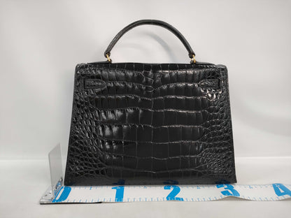 HERMES Kelly 32 Serie Caiman Black with Gold Hardware ○L Handbag