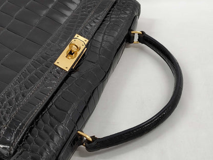 HERMES Kelly 32 Serie Caiman Black with Gold Hardware ○L Handbag