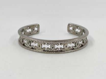 CHANEL Coco Mark Rhinestone Bangle Silver A22A Bracelet/Bangle