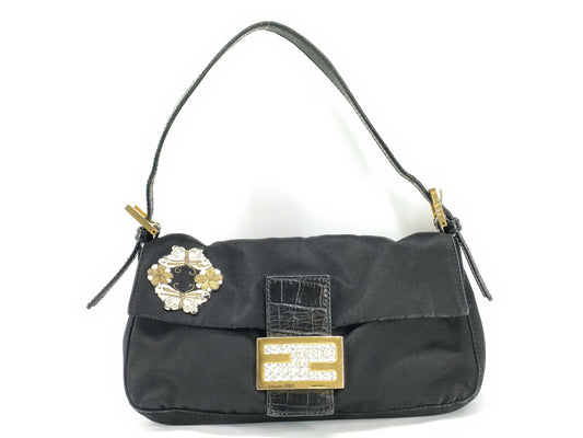 FENDI Mamma Rhinestone Embroidered Floral Crocodile Mamma Bucket Handbag
