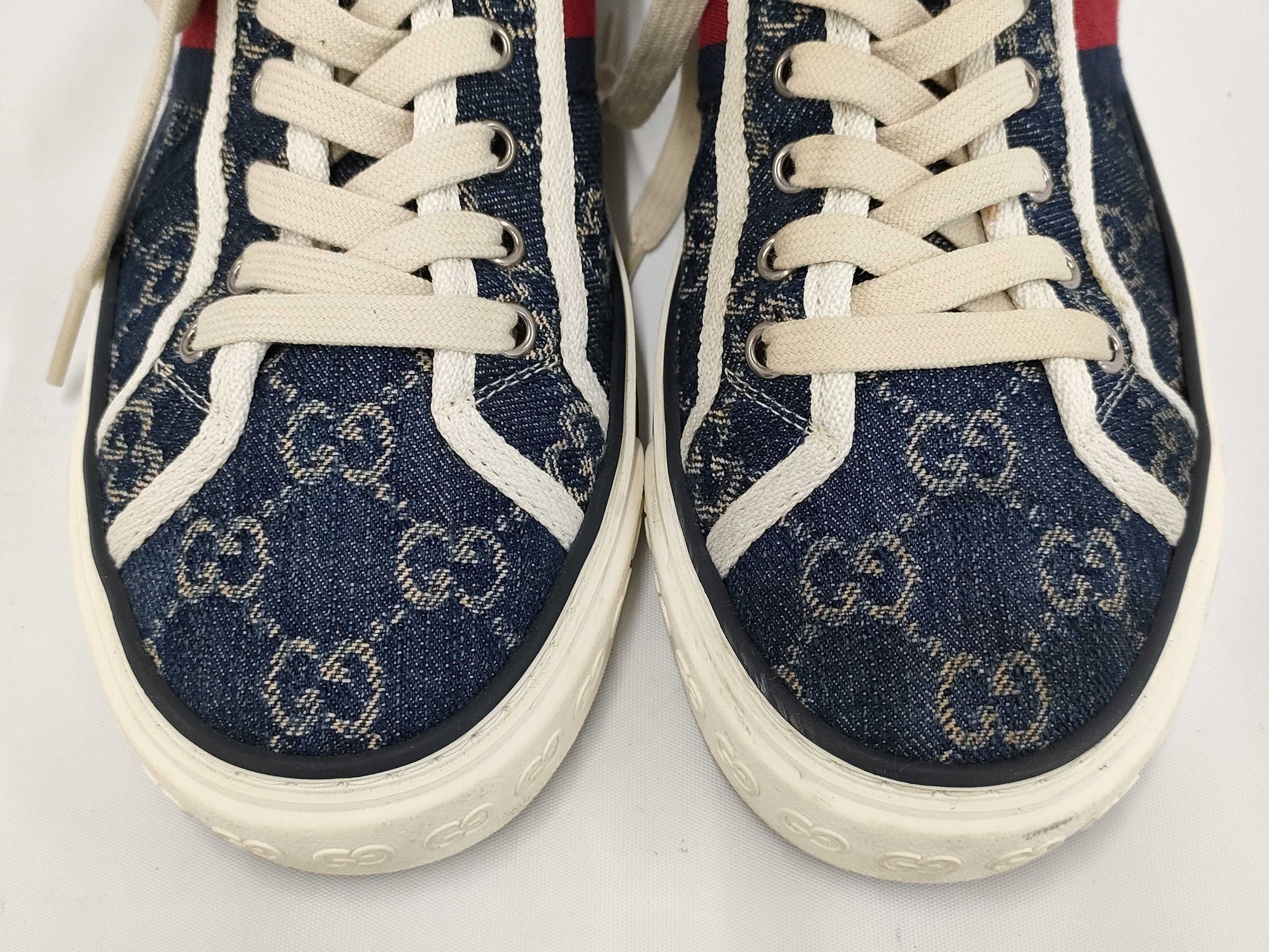 GUCCI 1977 tennis denim high-top sneakers, size 4+, GG pattern