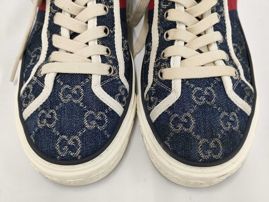 GUCCI 1977 tennis denim high-top sneakers, size 4+, GG pattern
