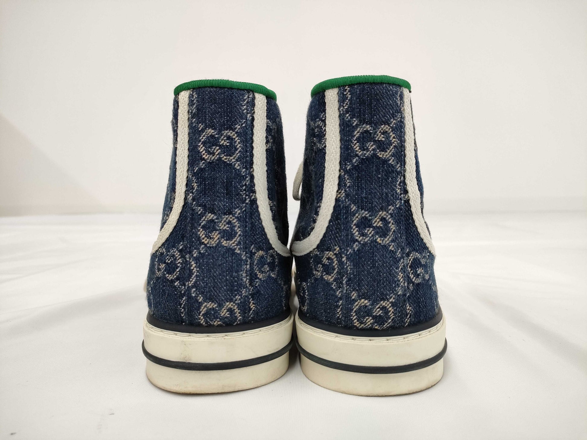 GUCCI 1977 tennis denim high-top sneakers, size 4+, GG pattern