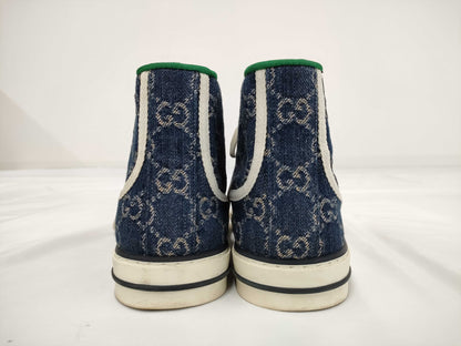 GUCCI 1977 tennis denim high-top sneakers, size 4+, GG pattern