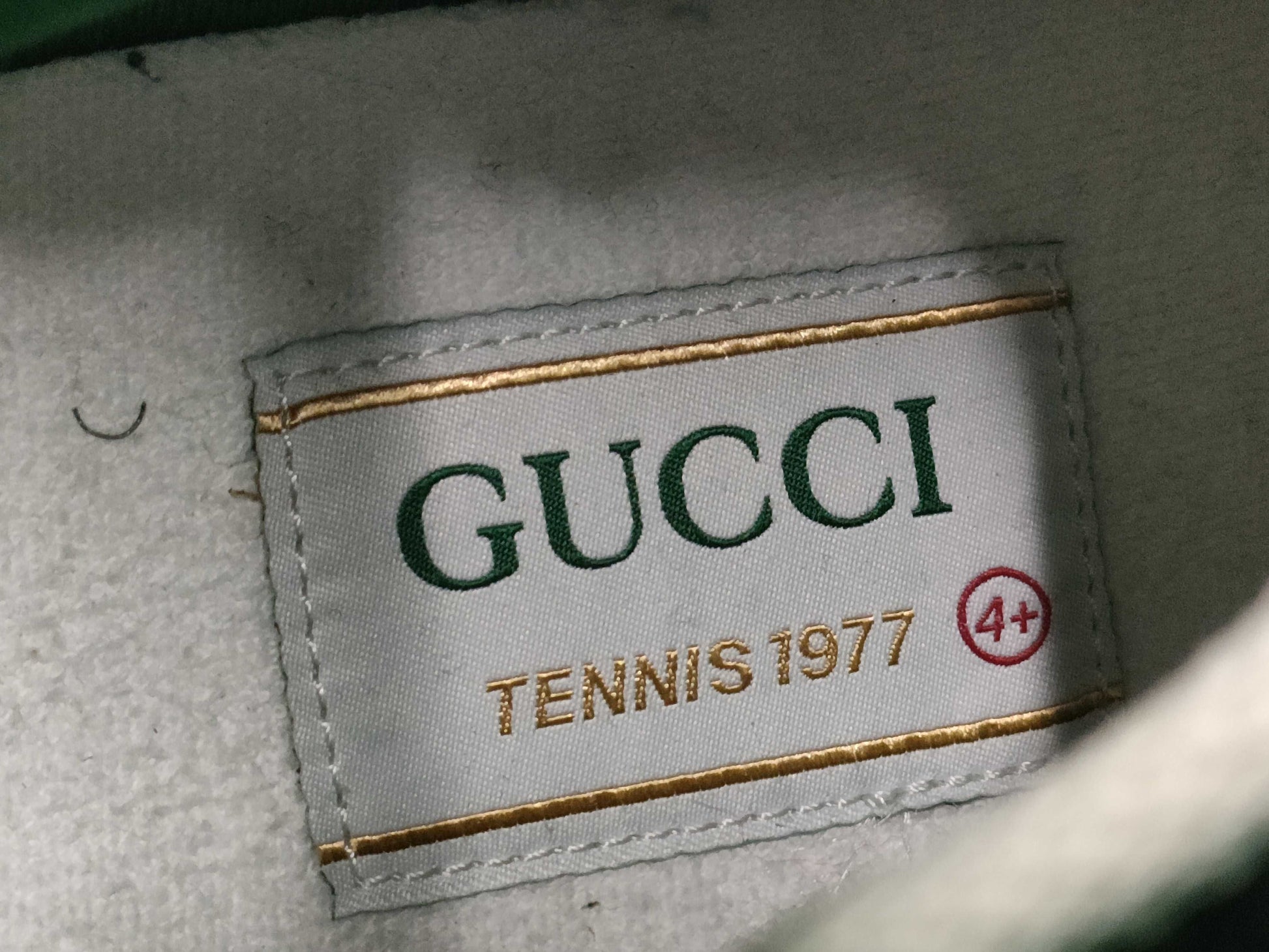 GUCCI 1977 tennis denim high-top sneakers, size 4+, GG pattern