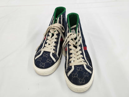 GUCCI 1977 tennis denim high-top sneakers, size 4+, GG pattern