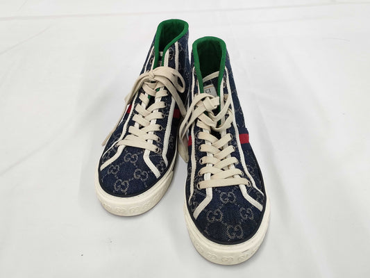 GUCCI 1977 tennis denim high-top sneakers, size 4+, GG pattern