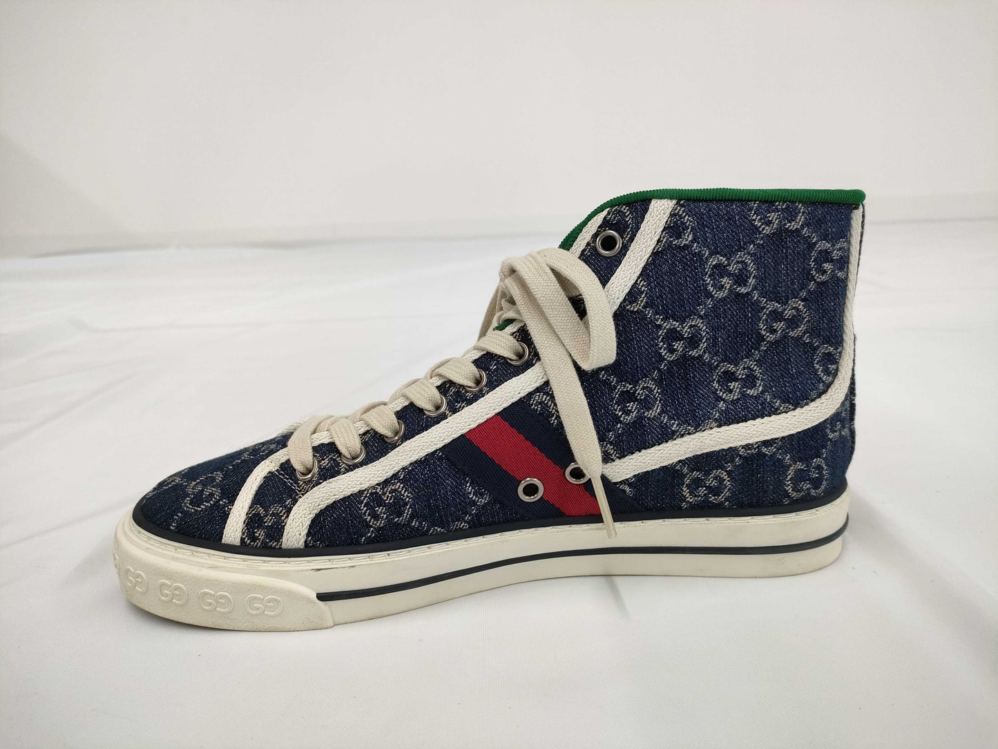 GUCCI 1977 tennis denim high-top sneakers, size 4+, GG pattern